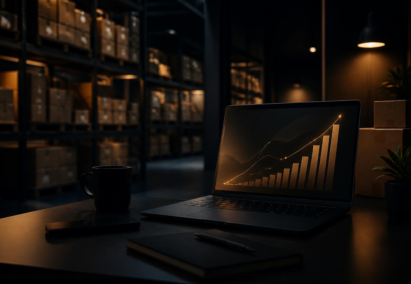 Amazon seller workspace with a sales growth chart on a laptop