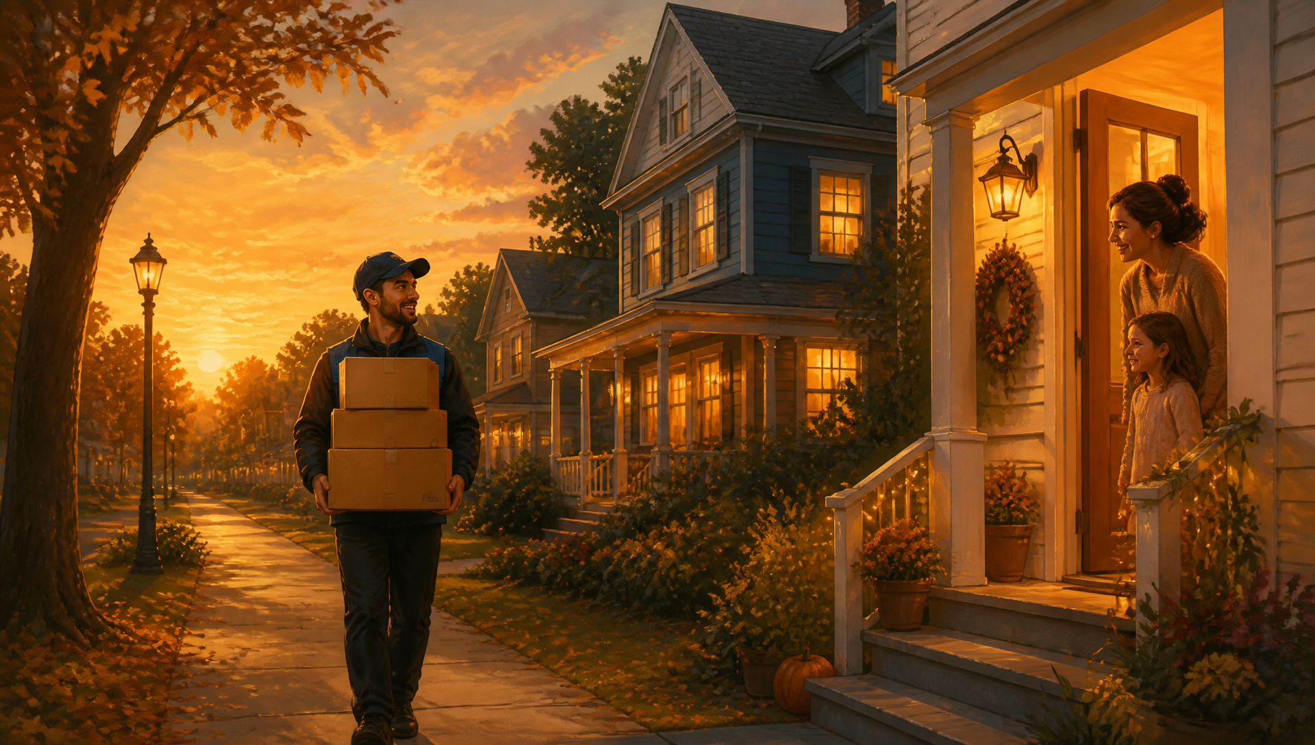 Friendly delivery worker carrying boxes through a warm suburban neighborhood at sunset while a mother and child greet him from their doorway